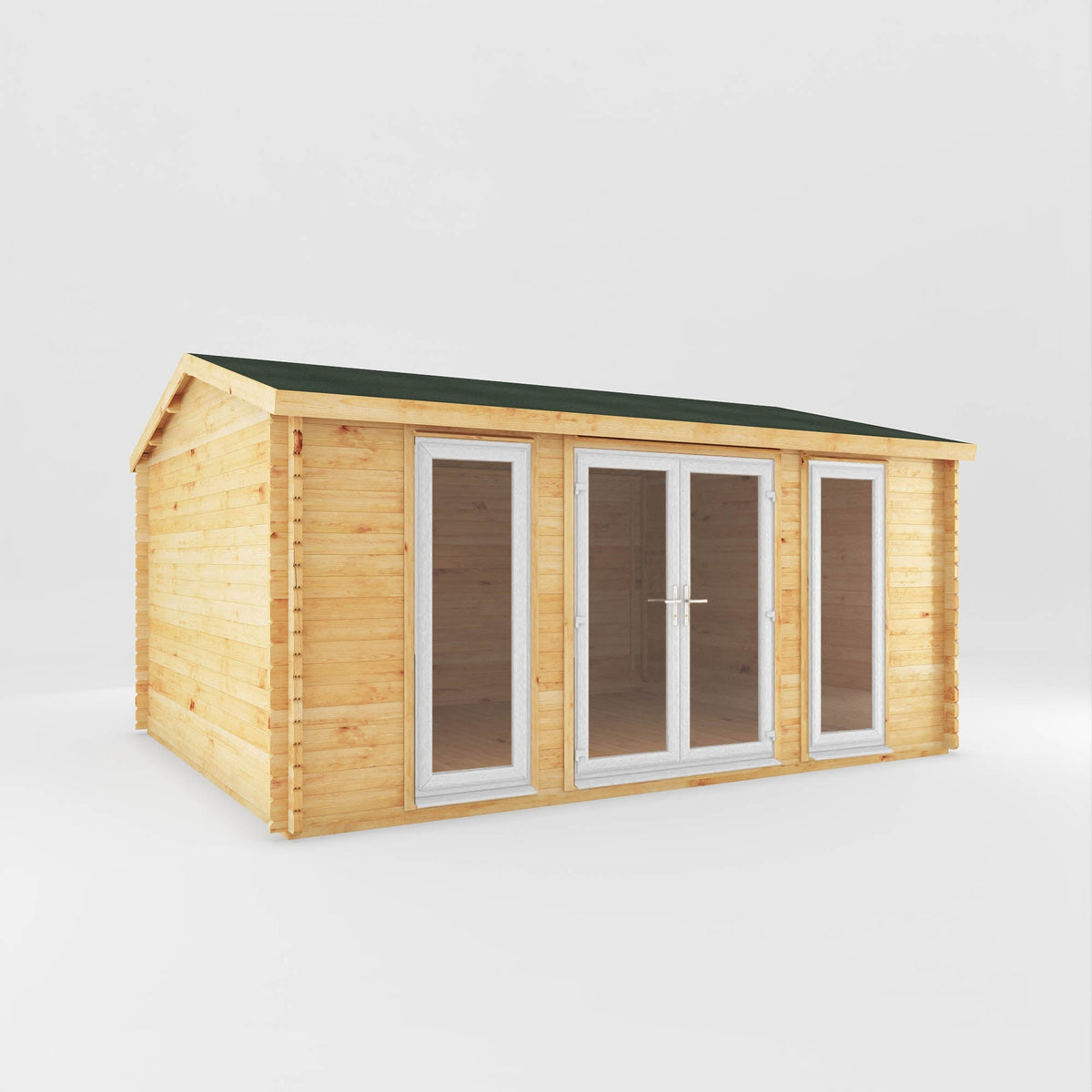 White Mercia Garden Products log cabin home office studio with 44mm thick walls, measuring 5x4 meters, suitable for garden workspace.