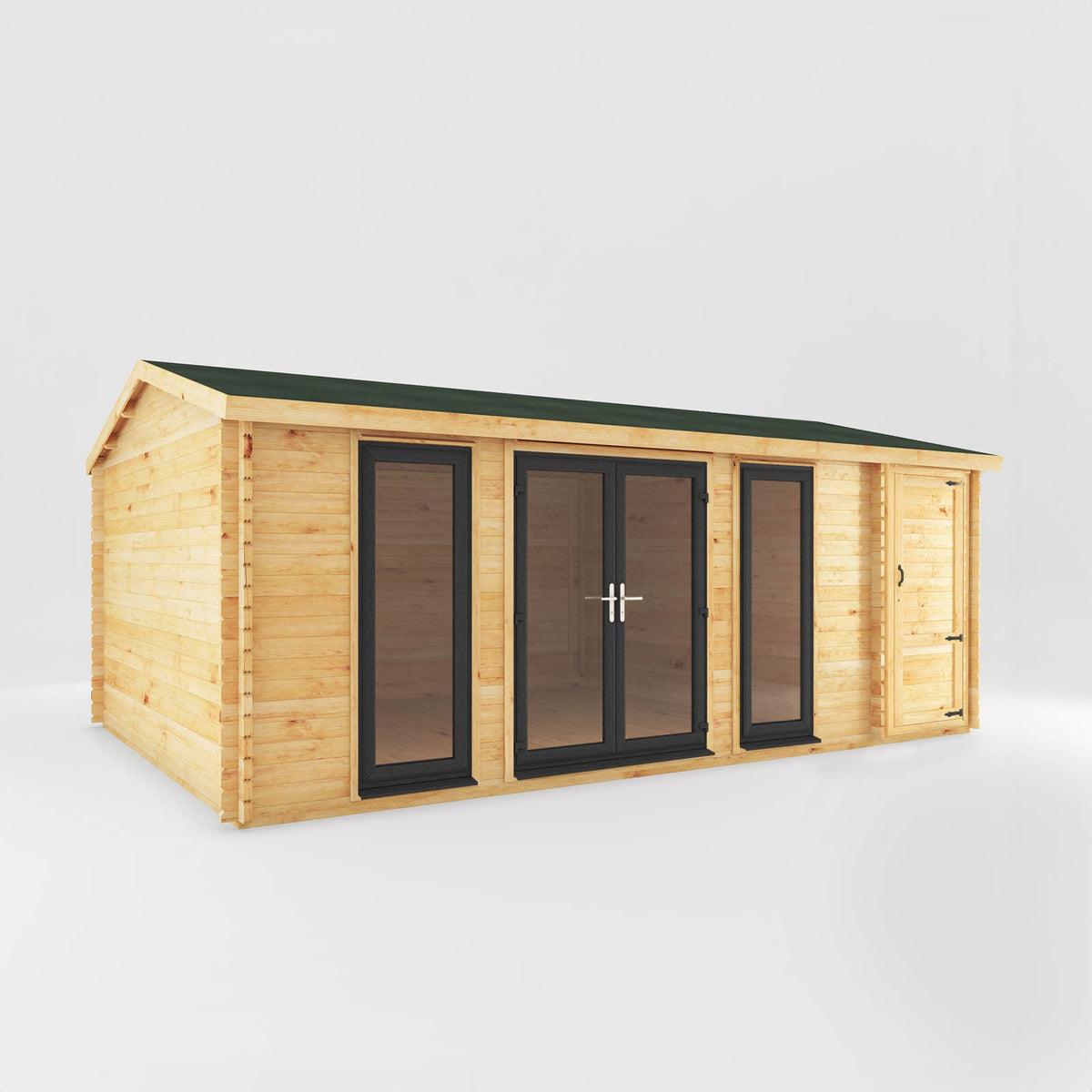 Mercia Garden Products home office studio log cabin with side shed, 6x4m, grey UPVC exterior, ideal for garden workspace or studio.