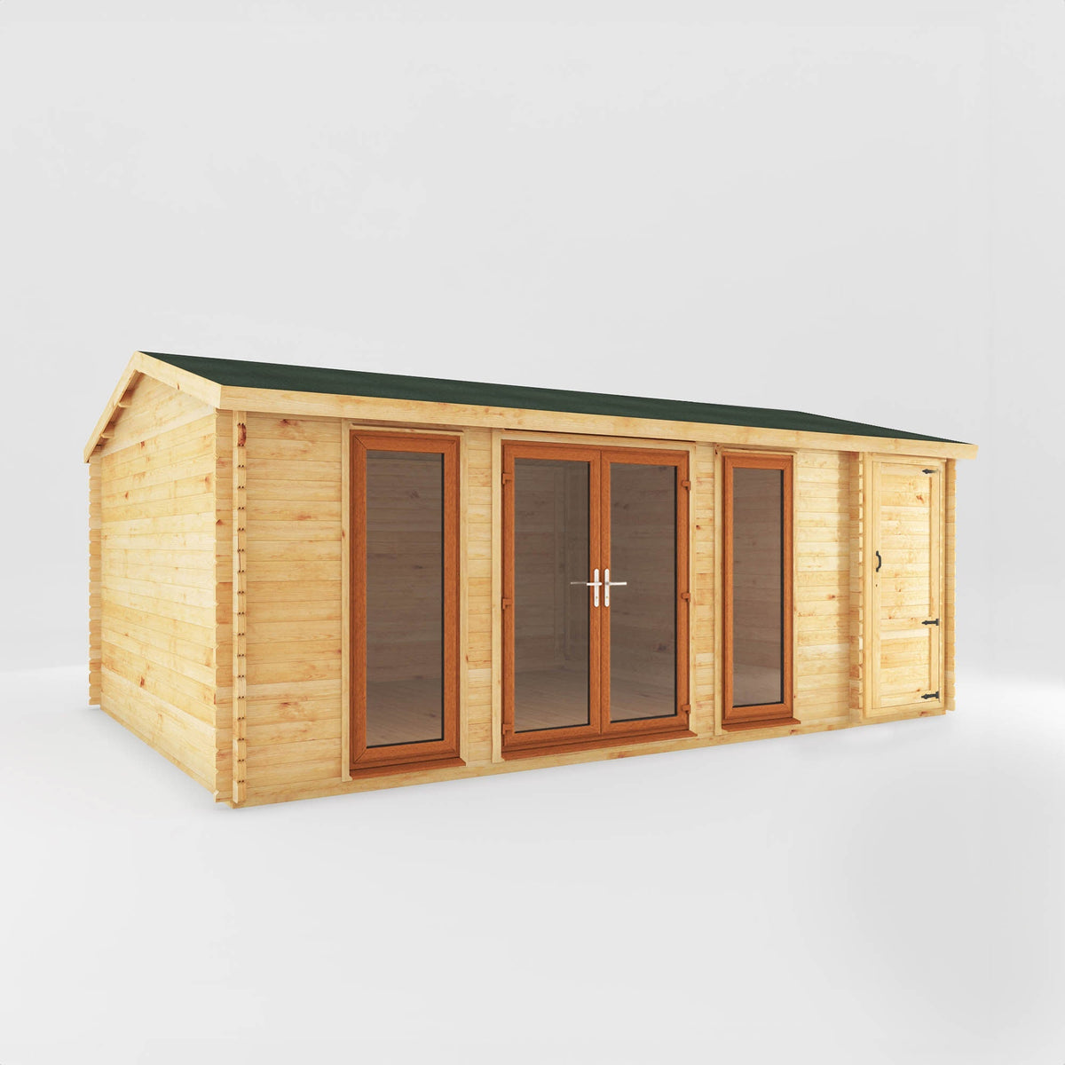Mercia Garden Products log cabin home office studio with side shed, 6.1x4 meters, featuring 44mm oak-effect UPVC walls and windows.