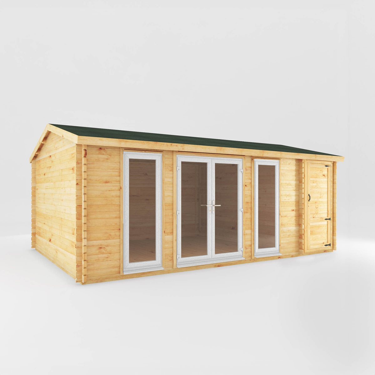 Mercia Garden Products log cabin home office studio with side shed, 6x4 meters, white UPVC exterior, 44mm timber walls for garden workspace