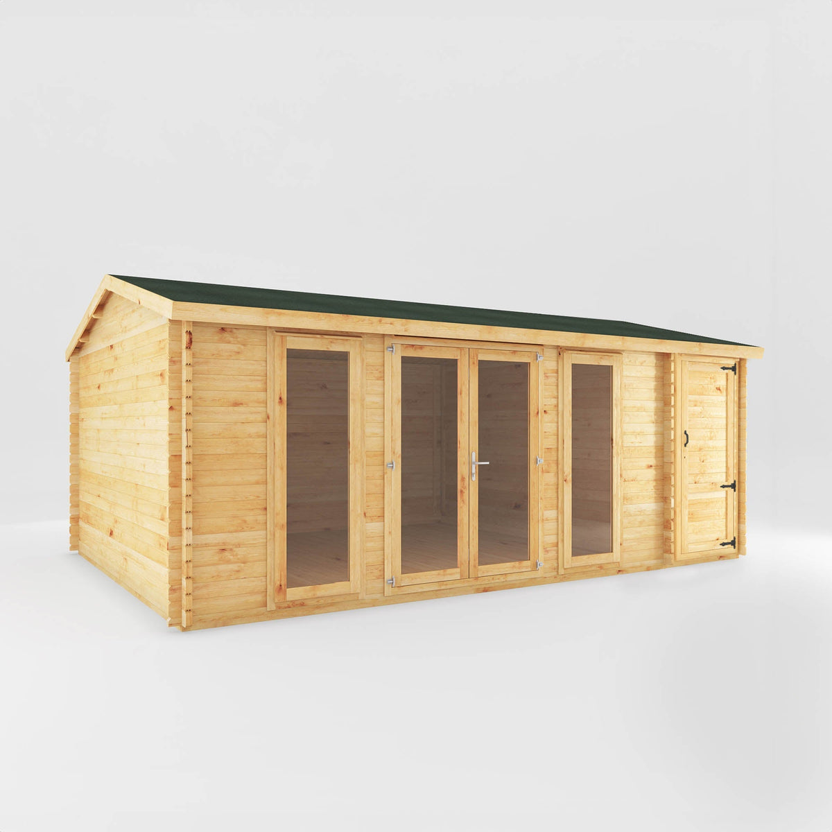 Mercia Garden Products home office studio log cabin with side shed, natural timber, 6x4 meters, ideal for garden workspace.