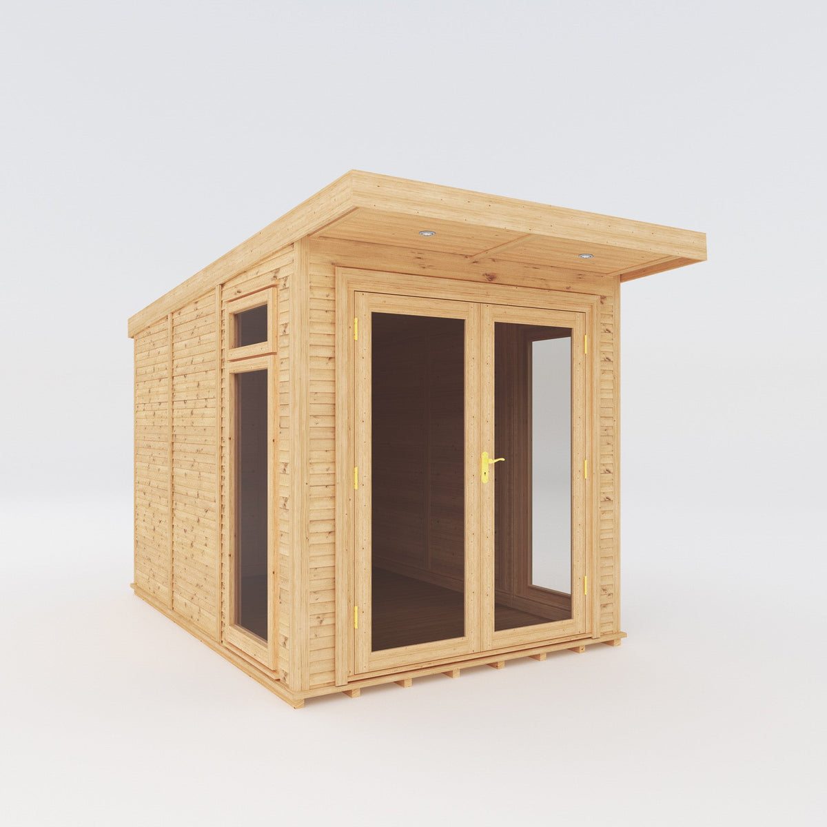 Insulated Mercia Garden Products garden room fully installed, showcasing a 2x3 meter outdoor space with windows and door.