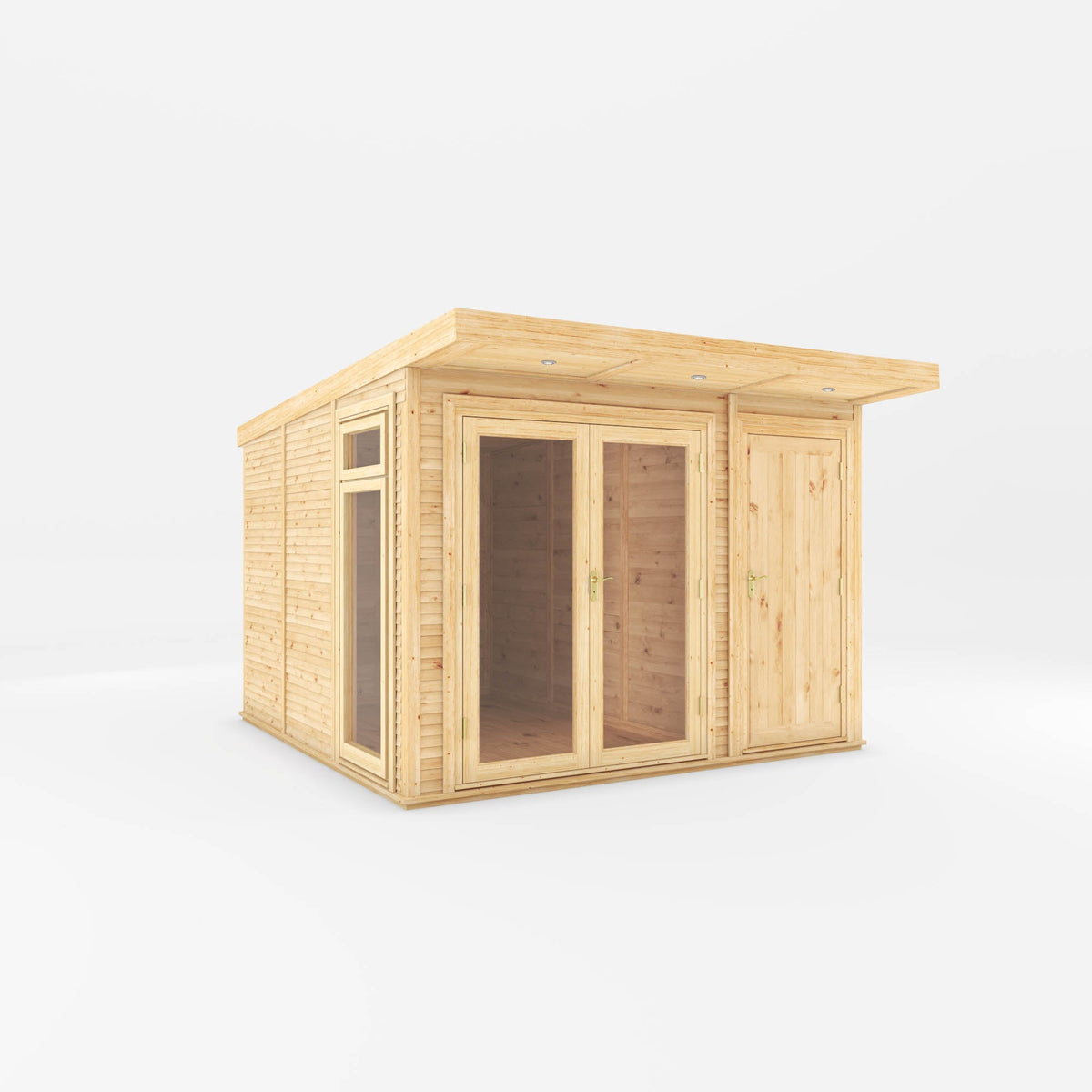 Fully installed 3x3 meter insulated garden room with side shed by Mercia Garden Products, featuring windows and wooden exterior.