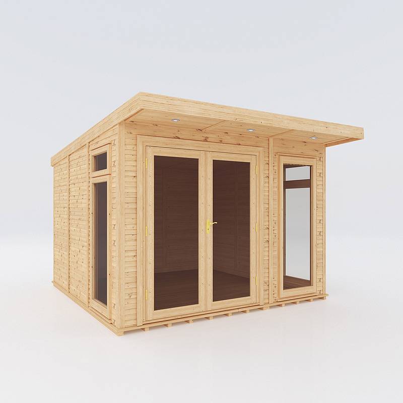 Fully installed 3x3 meter insulated garden room by Mercia Garden Products with large windows and a modern design.