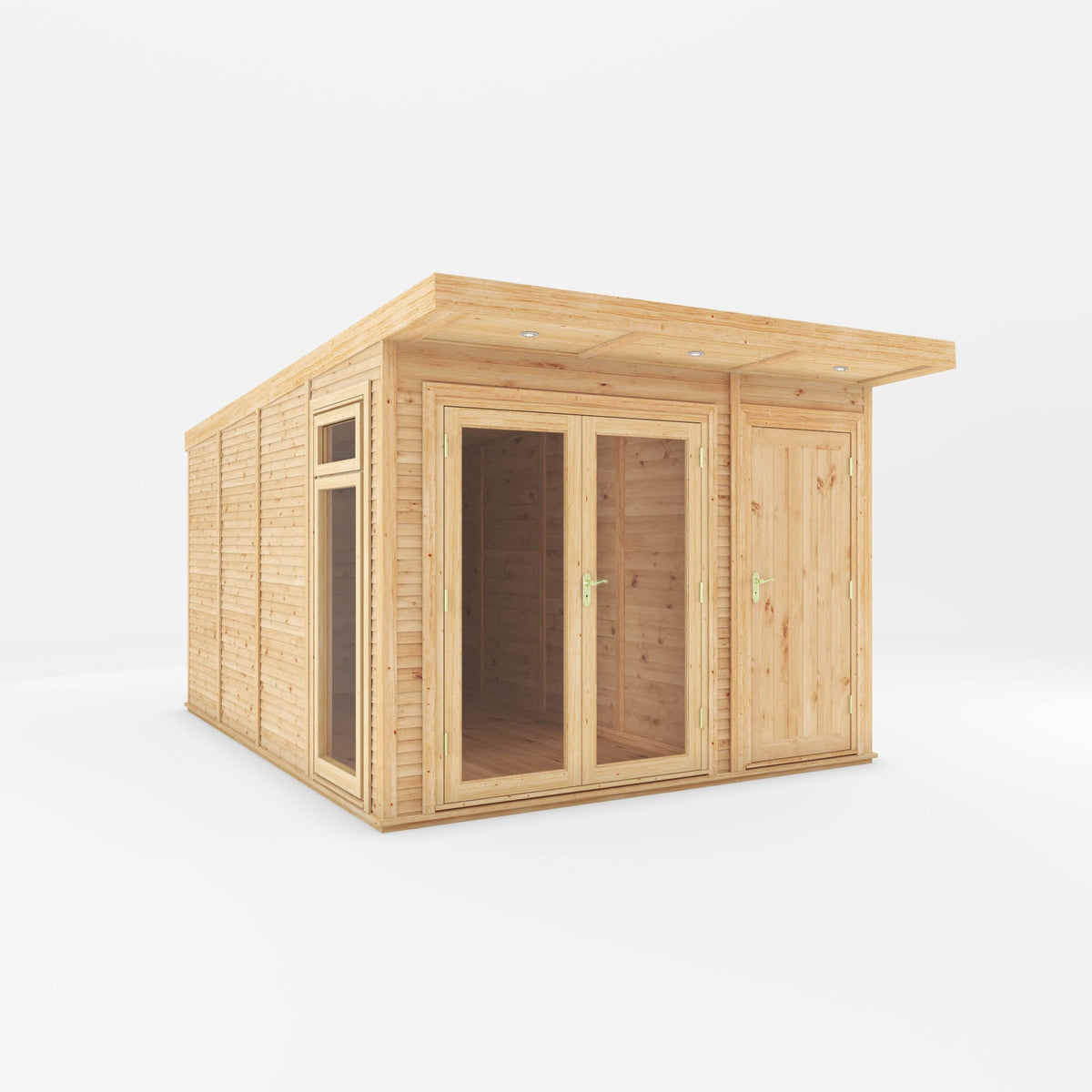 Insulated Mercia Garden Room 3x4m fully installed with side shed, ideal for garden workspace or relaxation area.