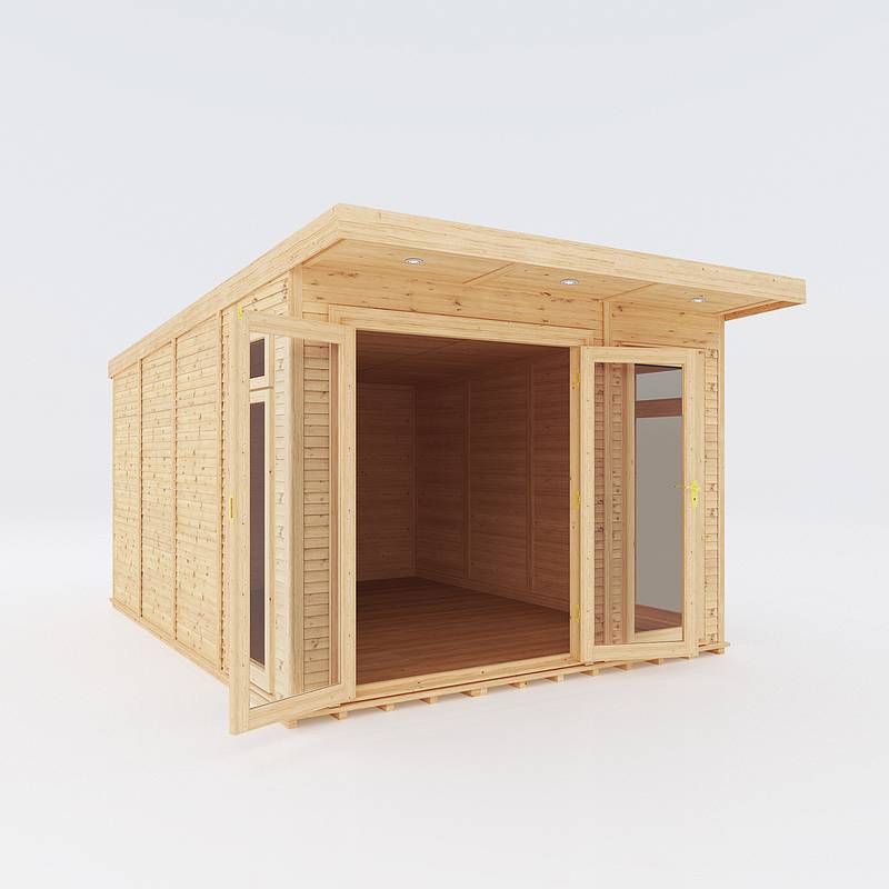 Fully installed Mercia Garden Products insulated garden room measuring 3x4 meters, with double-glazed windows and a wooden exterior.