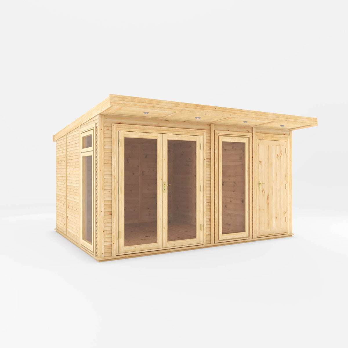 Insulated Mercia Garden Products garden room with side shed, fully installed, 4m x 3m, ideal for outdoor relaxation or workspace.