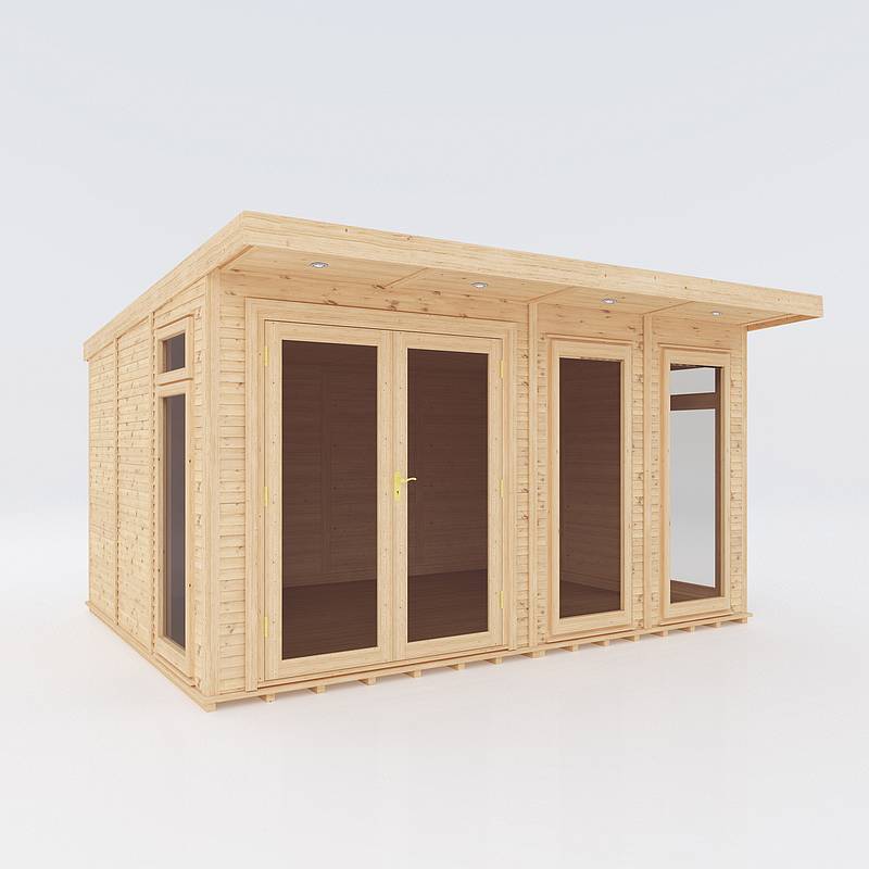 Insulated Mercia Garden Products garden room fully installed, 4m by 3m, with large windows and a modern design.