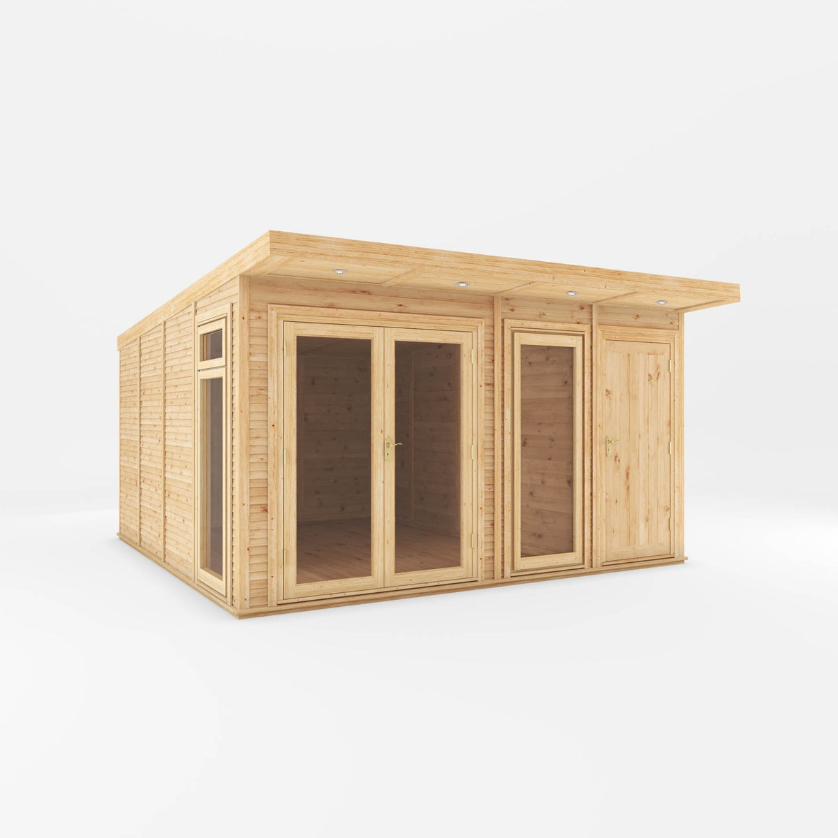 Insulated Mercia Garden Products garden room with a side shed, fully installed, 4x4 meters, ideal for outdoor leisure and workspace.