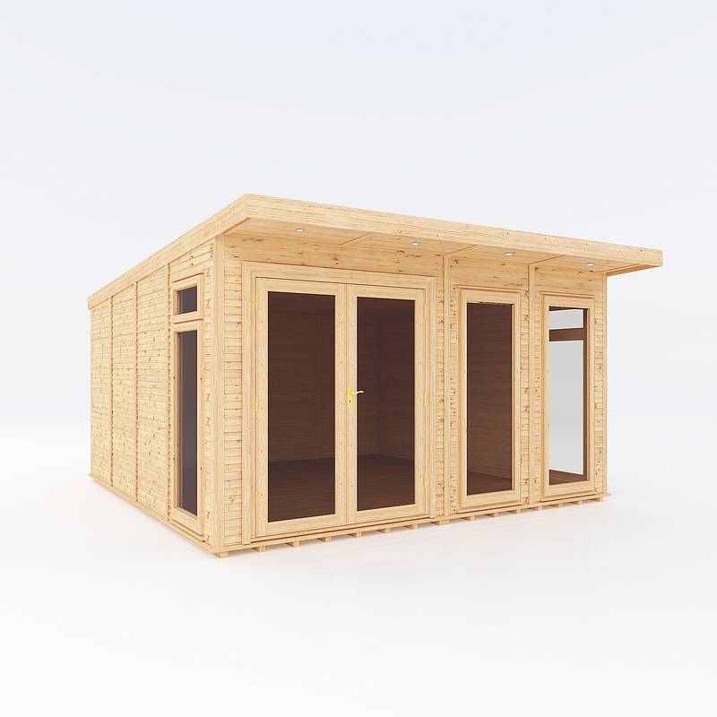 Fully installed 4x4m Mercia Garden Products insulated garden room with glass doors and windows in a lush garden setting.