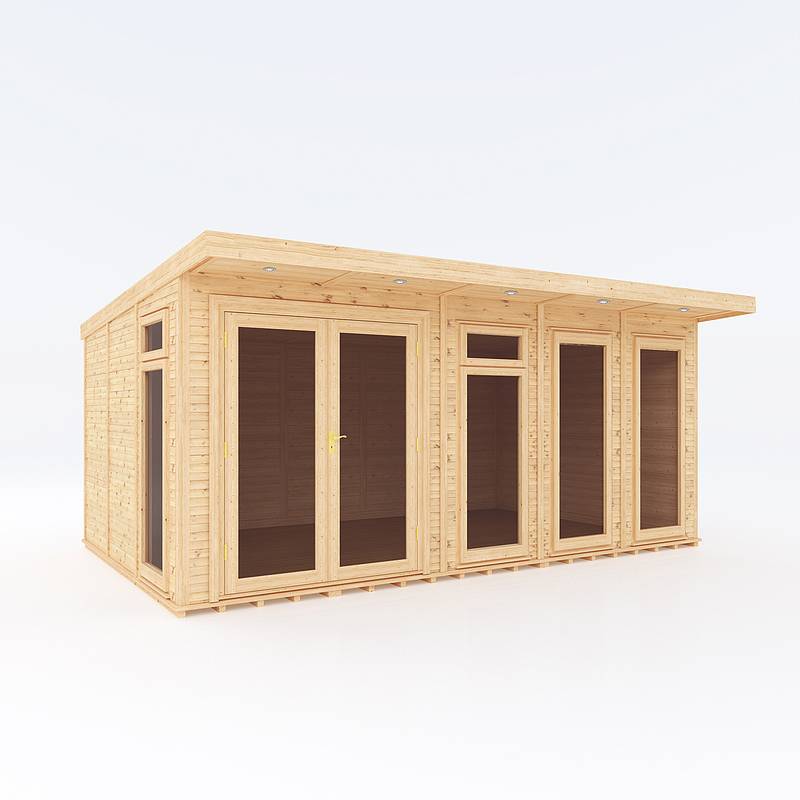 Insulated Mercia Garden Products garden room fully installed, 5x3 meters, with glass doors and windows for outdoor leisure space.