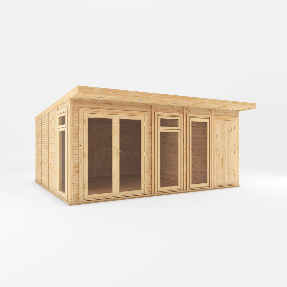 Fully installed Mercia Garden Products insulated garden room with 5x4m size and side shed, featuring a modern, weatherproof design.