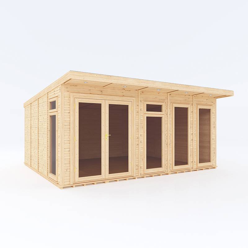 Fully installed 5x4 meter insulated garden room by Mercia Garden Products, showing its exterior with windows and door.