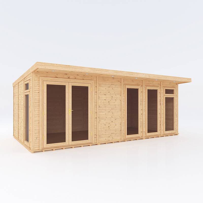 Fully installed Mercia Garden Products insulated garden room with large windows, wooden exterior, and a spacious interior.