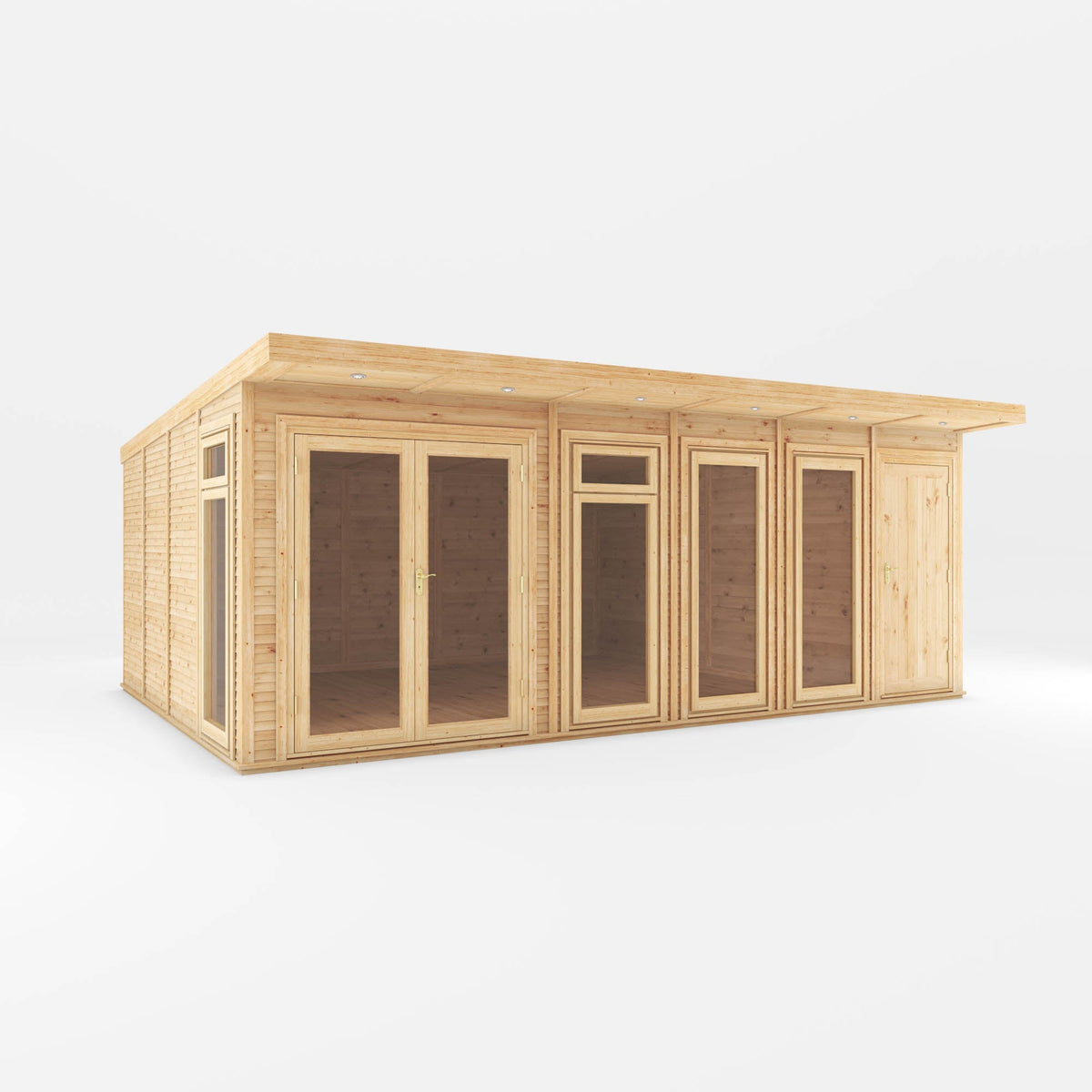 Insulated Mercia Garden Products garden room with a 6x4m structure and side shed, fully installed for outdoor use.