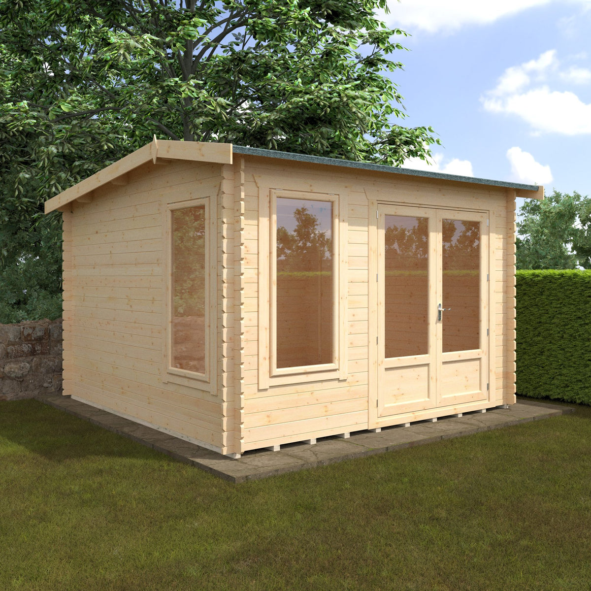 Norven Gardens glazed 12x12 garden office log cabin with large windows and wooden exterior, ideal for outdoor workspace.