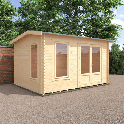 Norven Gardens glazed garden office log cabin with large windows and wooden exterior, suitable for outdoor workspace or studio.