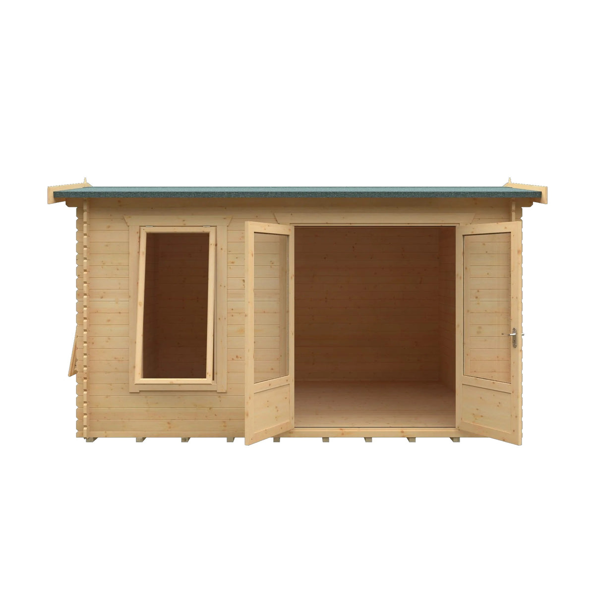Norven Gardens glazed garden office log cabin with open doors, featuring white exterior and large glass windows for natural light.