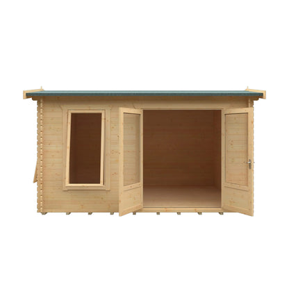 Norven Gardens glazed garden office log cabin with open doors, featuring white exterior and large glass windows for natural light.