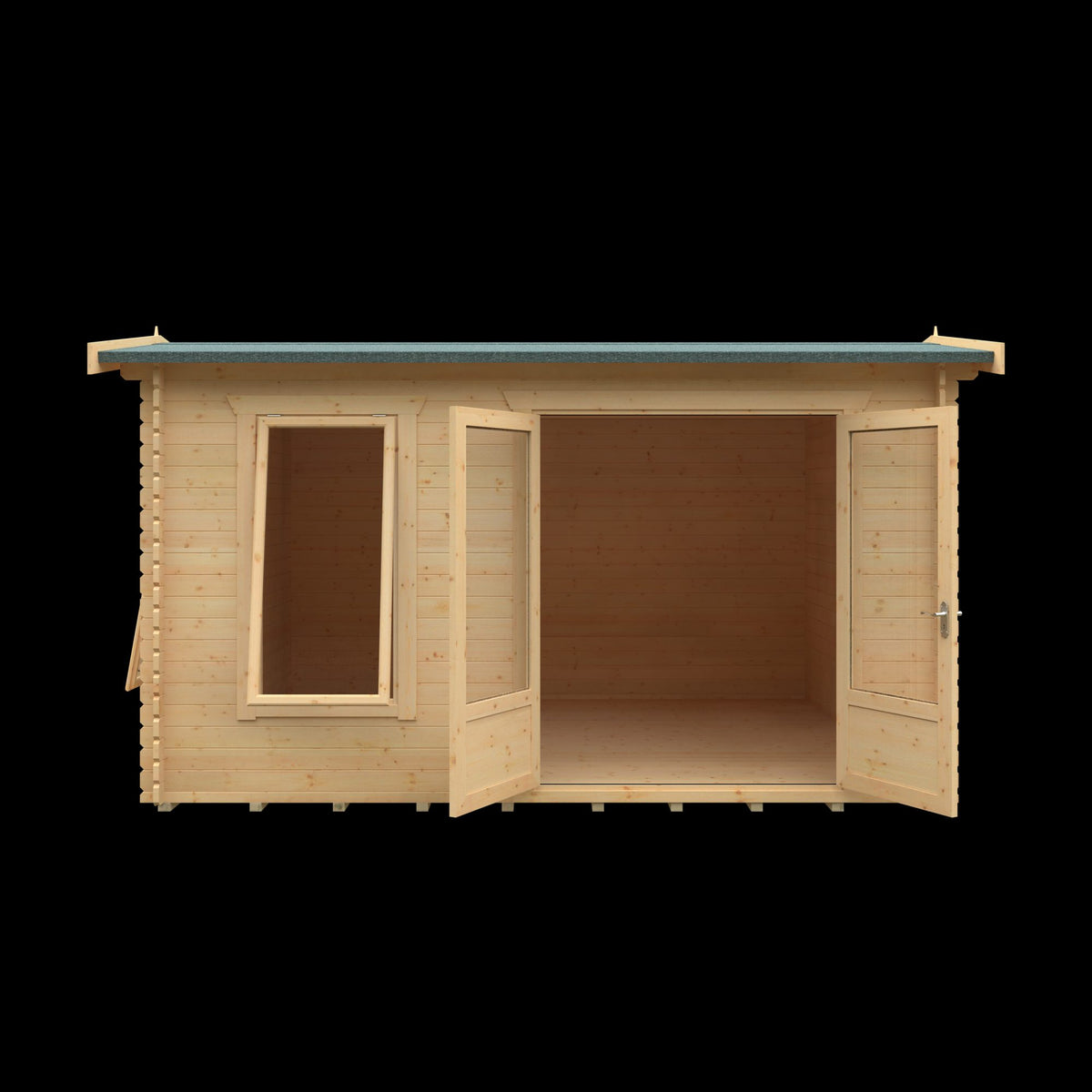 Norven Gardens Glazed Garden Office Log Cabin with open doors, showcasing the interior and large glazed windows for natural light.