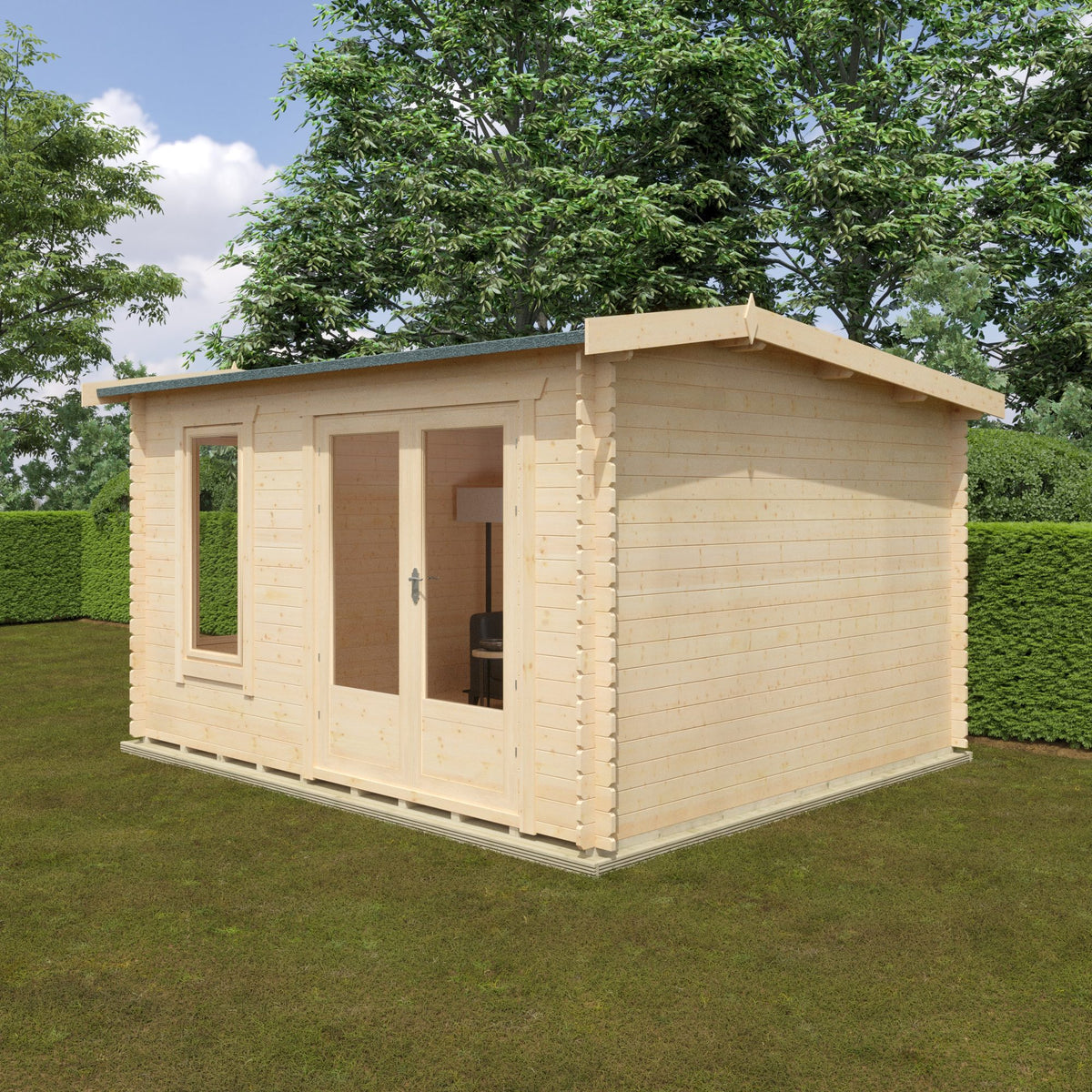 Side view of Norven Gardens glazed garden office log cabin showing large windows and wooden exterior.