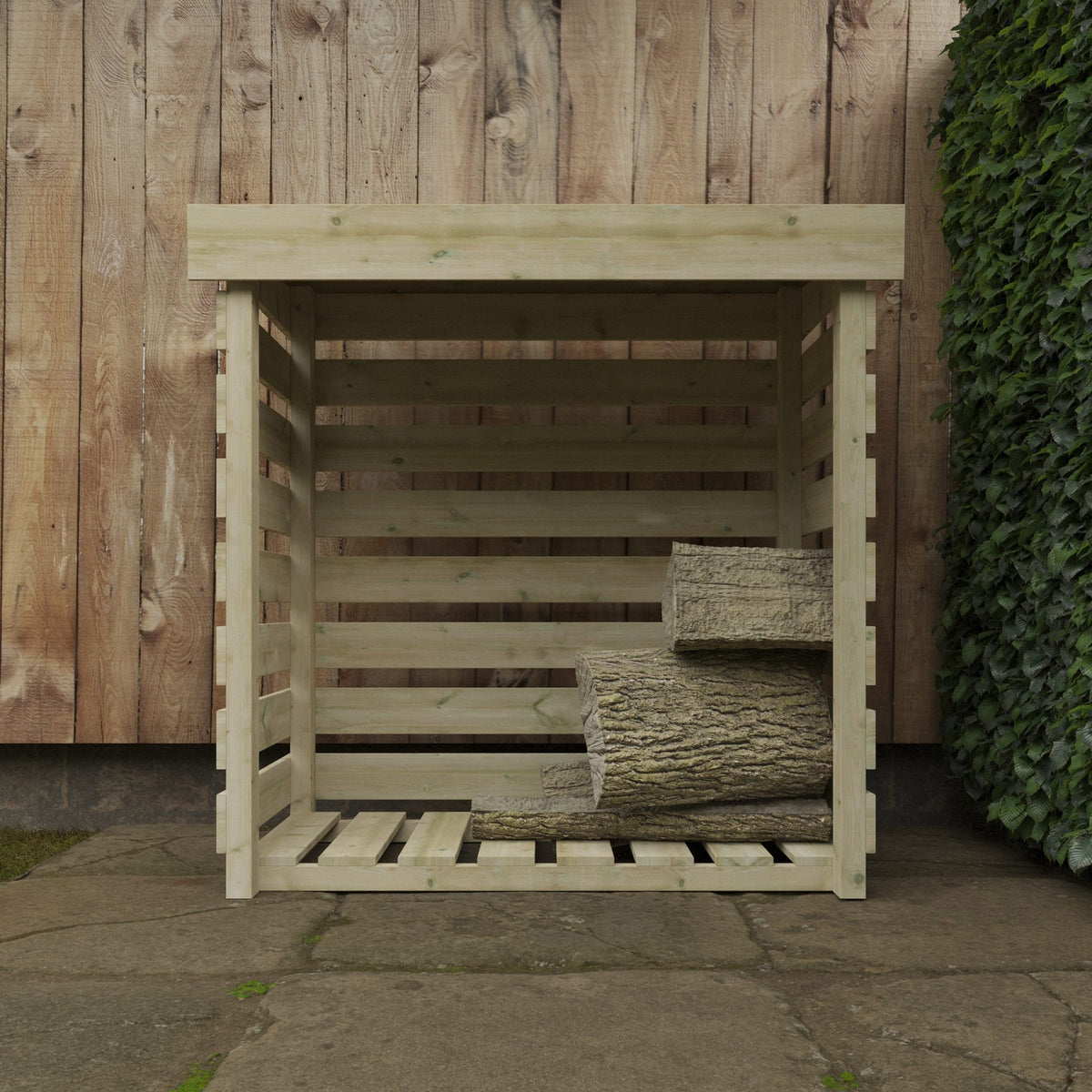 Front view of Norven Gardens Pressure Treated Log Store for firewood, showcasing its sturdy wooden construction and open storage design.