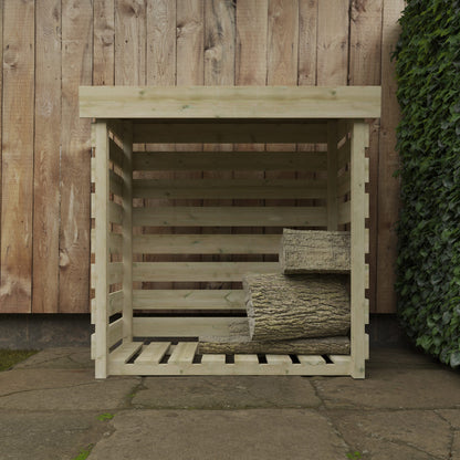 Front view of Norven Gardens Pressure Treated Log Store for firewood, showcasing its sturdy wooden construction and open storage design.