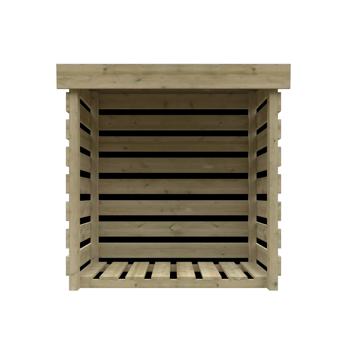 Norven Gardens pressure treated log store with a white finish, featuring a front view of the outdoor storage unit for logs.