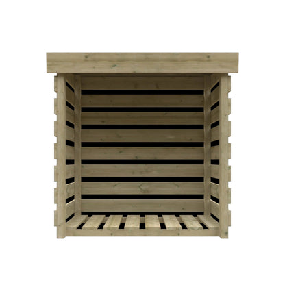Norven Gardens pressure treated log store with a white finish, featuring a front view of the outdoor storage unit for logs.