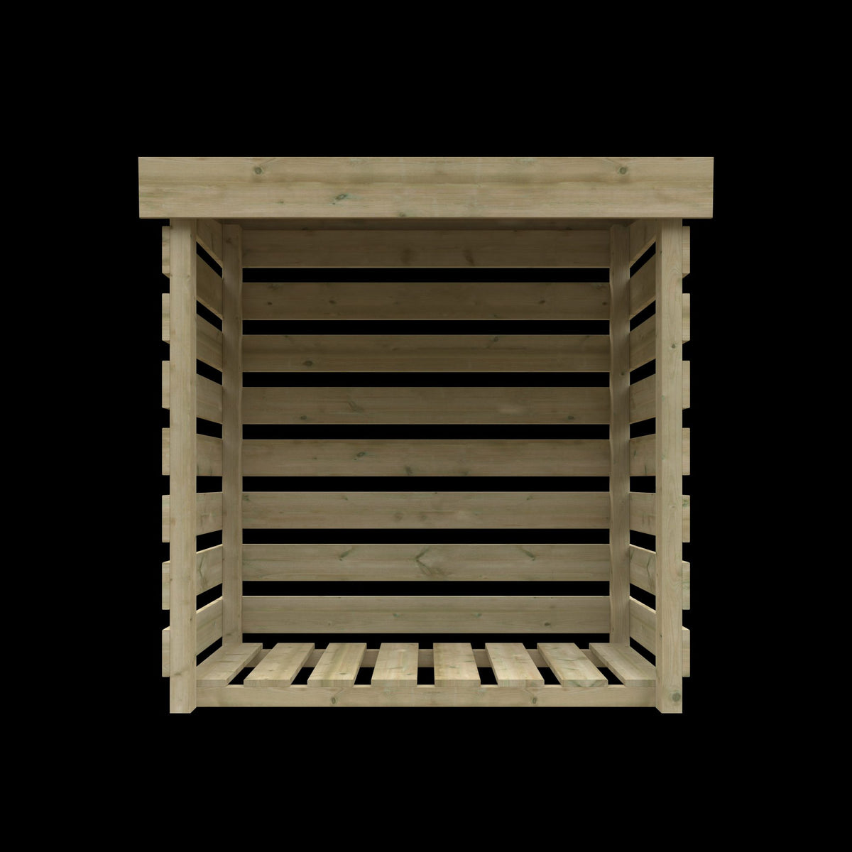 Norven Gardens pressure-treated log store with wooden slats and a pitched roof, designed for outdoor wood storage.