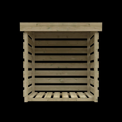 Norven Gardens pressure-treated log store with wooden slats and a pitched roof, designed for outdoor wood storage.