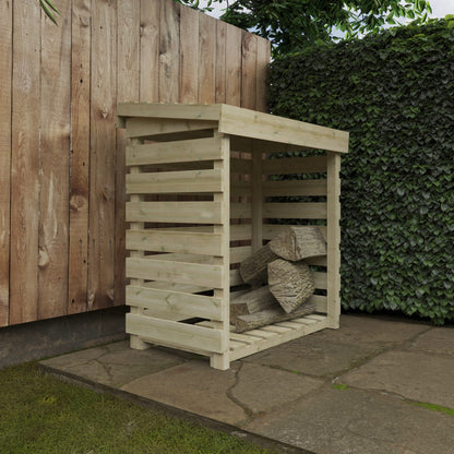 Side view of Norven Gardens pressure-treated log store with wooden slats for outdoor garden storage.