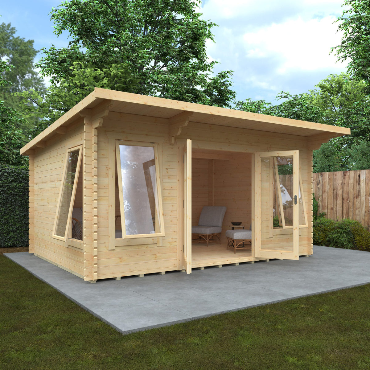 Large Norven Gardens 44mm log cabin garden room with spacious interior and modern design, ideal for outdoor living.