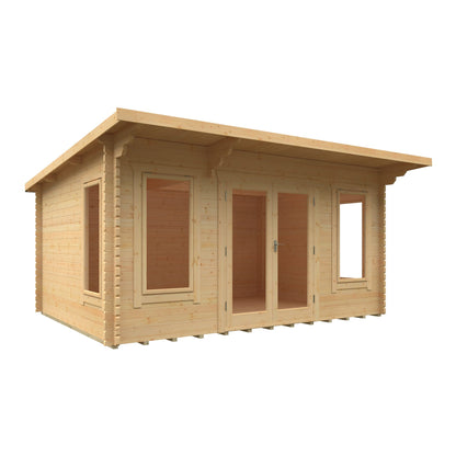 Large 44mm Norven Gardens log cabin with spacious garden room, shown with windows and door, ideal for outdoor relaxation.