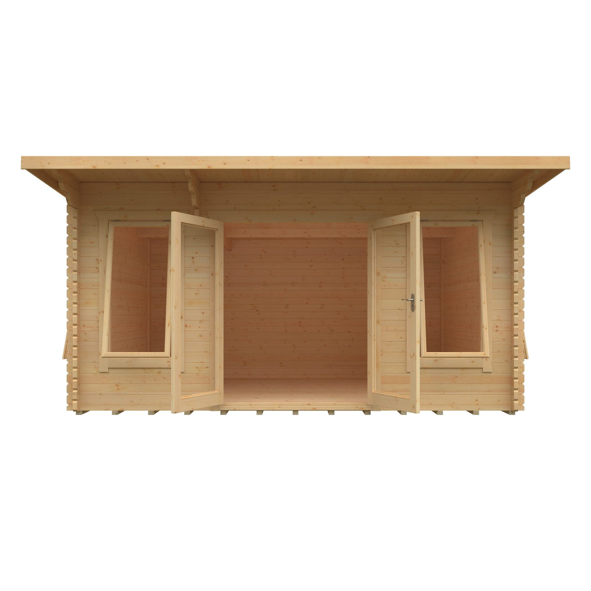 Norven Gardens Large 44mm log cabin garden room with open doors, showcasing spacious interior and traditional timber construction.