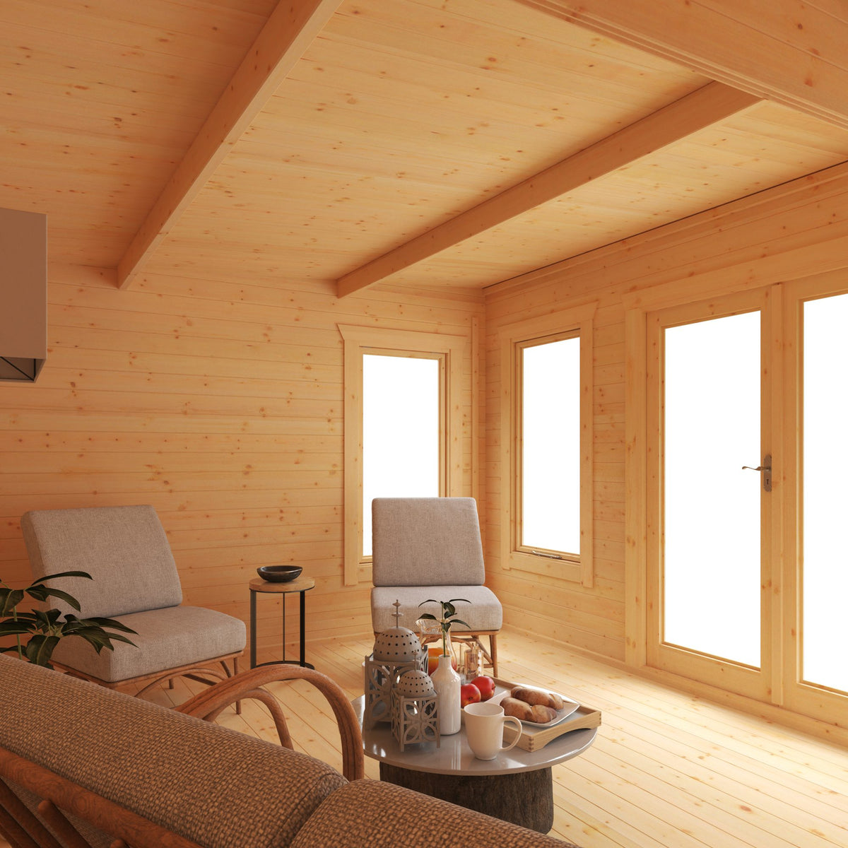 Interior view of the Norven Gardens Large 44mm log cabin garden room showing spacious living area and wooden interior details.