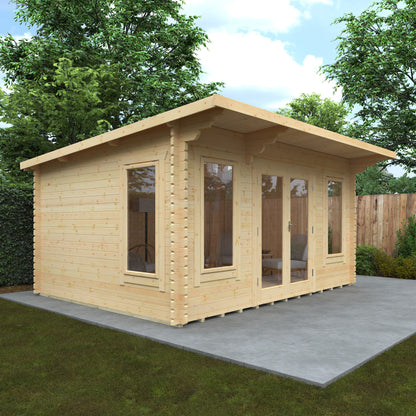 Large 44mm Norven Gardens log cabin used as a garden room, shown from the side with windows and wooden exterior.