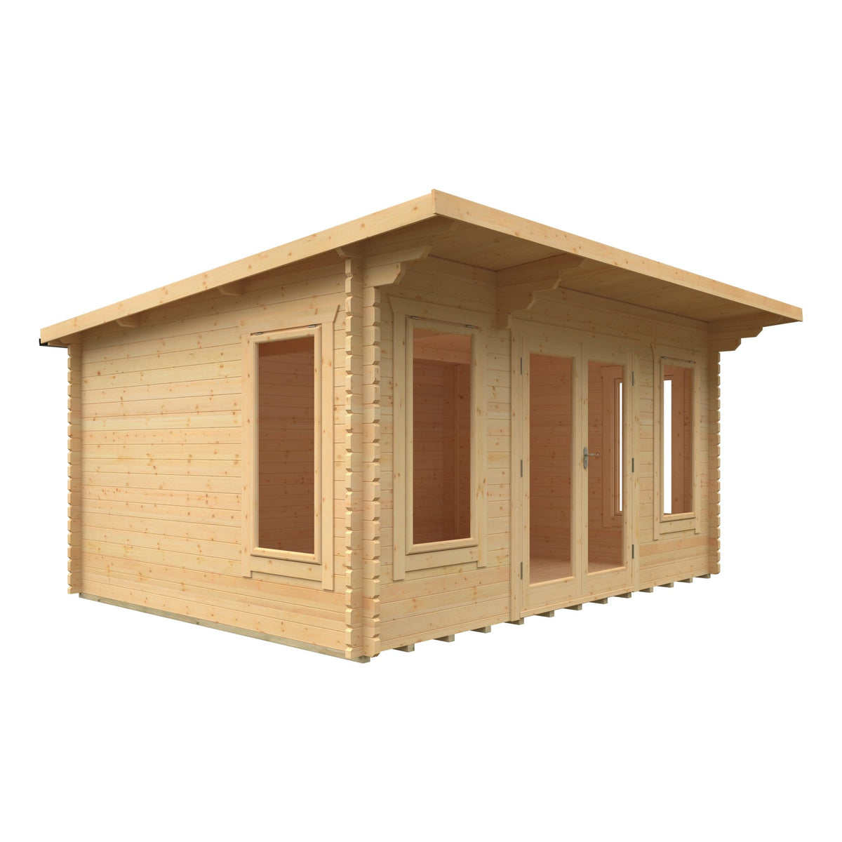 Side view of Norven Gardens 44mm thick large garden room log cabin with windows and door, showcasing its spacious design.