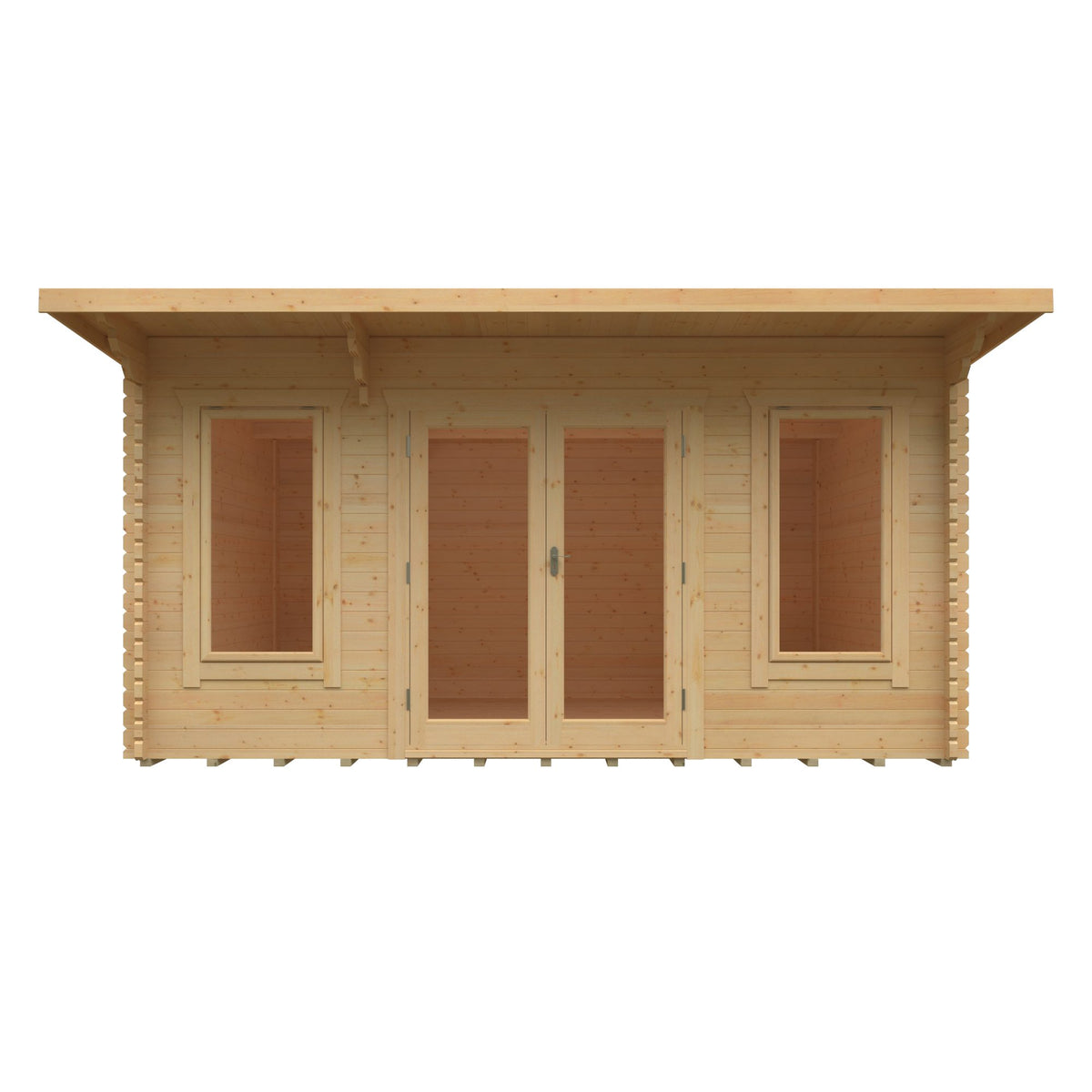 Front view of Norven Gardens large 44mm log cabin garden room with windows and door, showcasing its sturdy wooden construction.