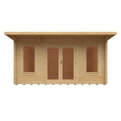 Front view of Norven Gardens large 44mm log cabin garden room with windows and door, showcasing its sturdy wooden construction.