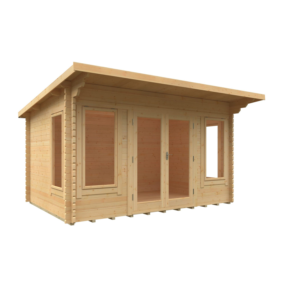 Large 44mm Norven Gardens log cabin garden room with 14x10 ft size, featuring timber walls and a pitched roof for outdoor leisure.
