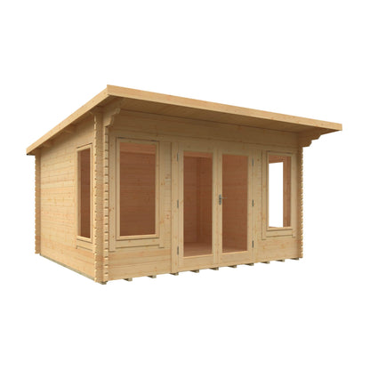 Large 44mm Norven Gardens log cabin with 14x12 ft size, suitable as a garden room or outdoor retreat, featuring wooden construction.