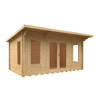 Large 44mm Norven Gardens log cabin garden room with 16x10 ft design, featuring wooden walls and windows for outdoor relaxation.