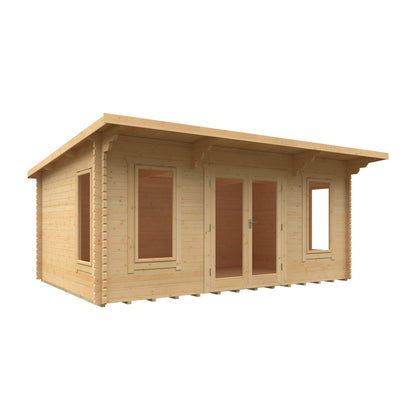 Norven Gardens large 44mm timber log cabin garden room with 18x12 ft size, featuring spacious design and natural wood finish