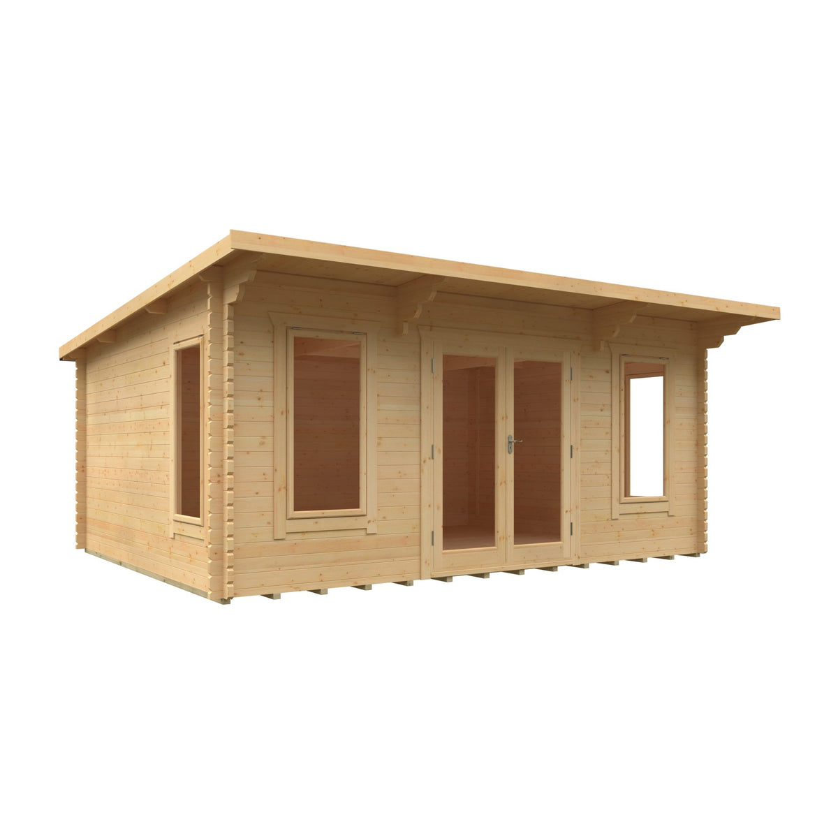 Large Norven Gardens 44mm log cabin garden room with 18x14 ft dimensions, featuring natural wood finish and spacious interior.