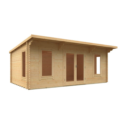 Large 44mm Norven Gardens log cabin garden room with 20x12 ft dimensions, featuring wooden construction and a spacious design.