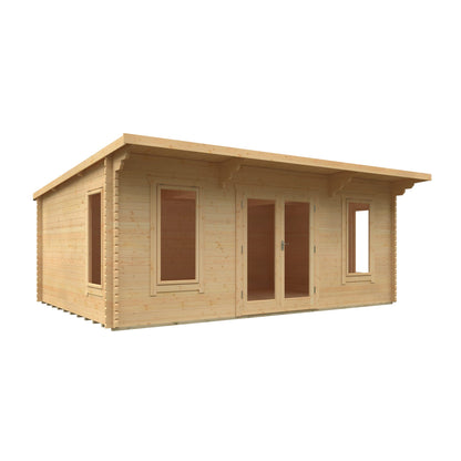 Large Norven Gardens 44mm timber log cabin garden room with 20x14 ft size, featuring a spacious design and natural wood finish.