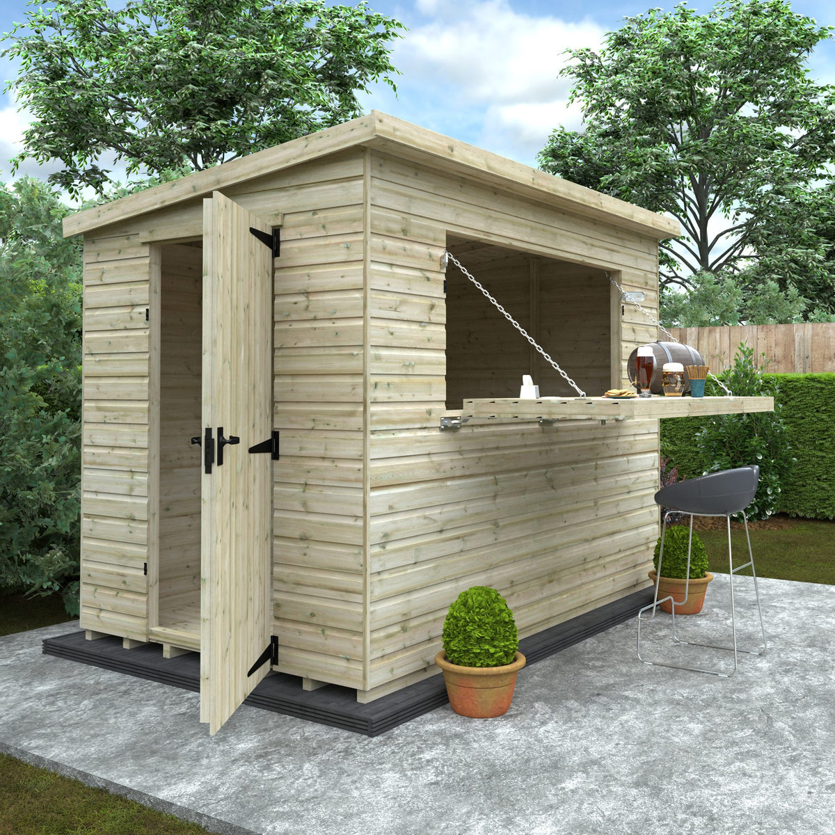 Norven Gardens garden bar shed in a backyard setting, featuring a wooden structure with a large serving window and seating area