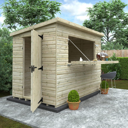 Norven Gardens garden bar shed in a backyard setting, featuring a wooden structure with a large serving window and seating area