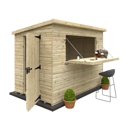 Open Norven Gardens Garden Bar shed showcasing a spacious interior with wooden shelves and a sturdy bar counter inside.